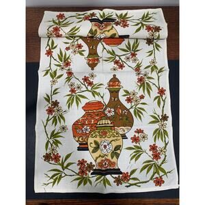 Vtg 50s 60s Kitchen Tea Towel w/ Brown & Orange Jars & Flower Designs NEW Unused